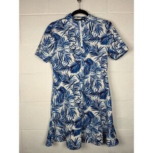 Tommy Bahama Golf Dress Medium Blue White Palm Print Performance Zip Neck